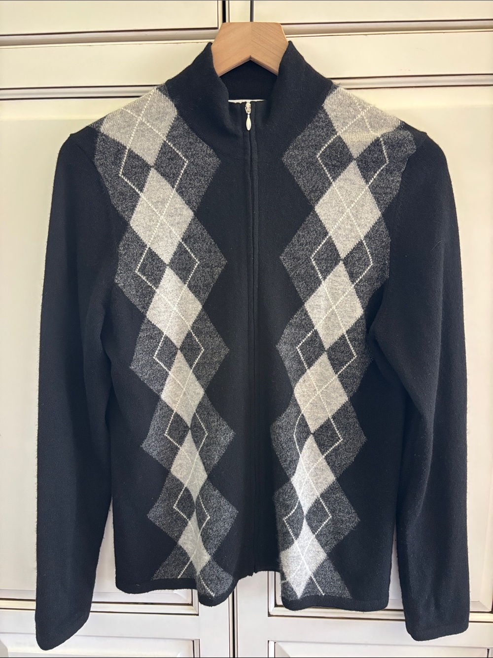 Charter Club 2 Ply 100% Cashmere Black Argyle Cardigan Sweater Zip Womens Medium